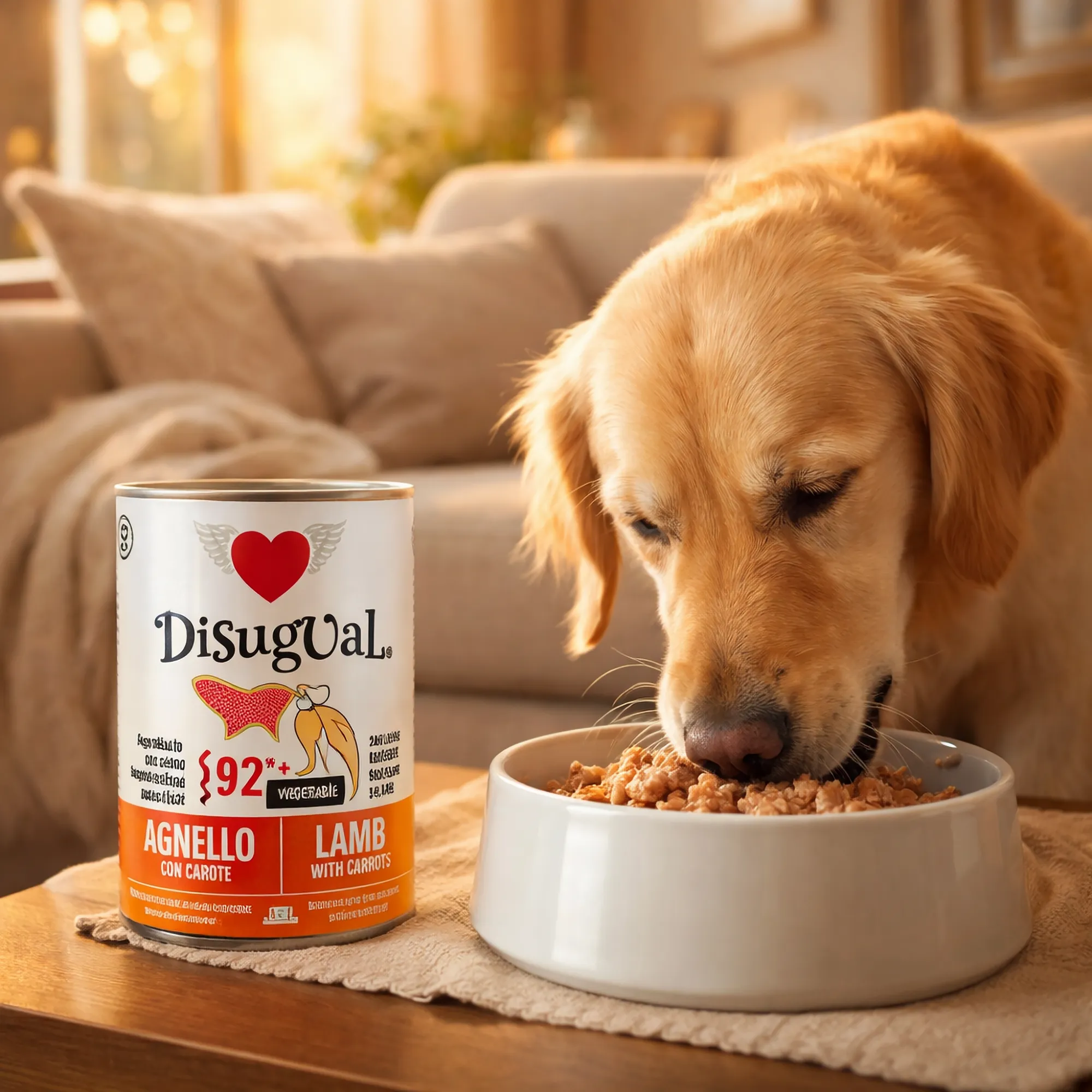 Labrador comiendo pienso húmedo disugual de cordero con zanahorias