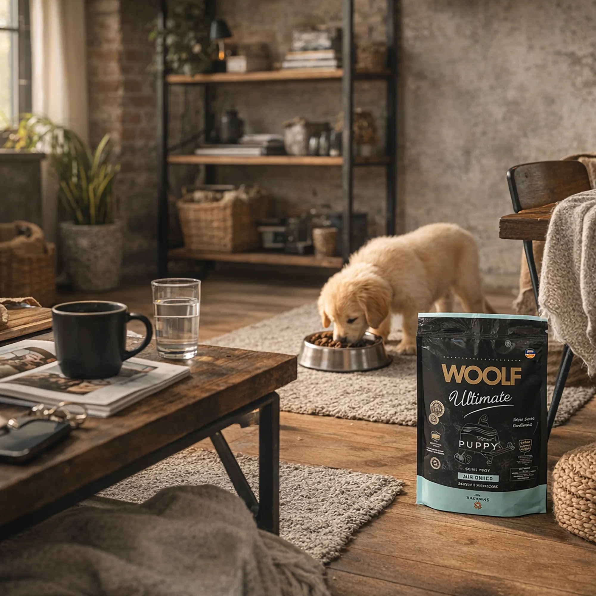 Cachorro de labrador comiendo pienso Woolf especial cachorros