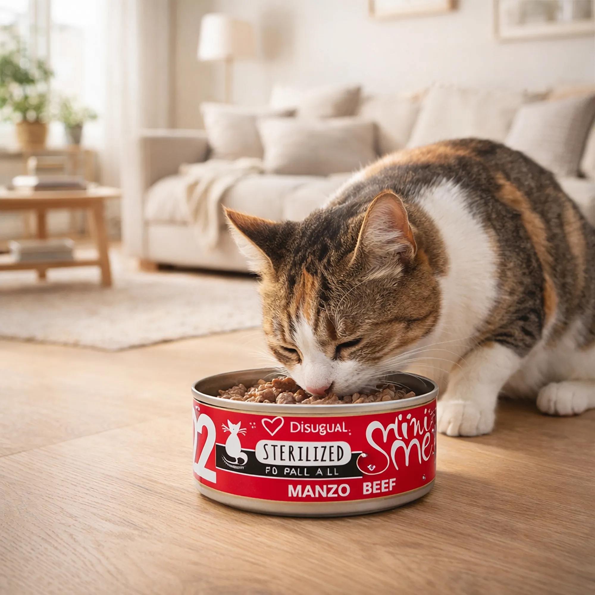 Gato adulto en el salón comiendo mousse de buey para gatos de Disugual