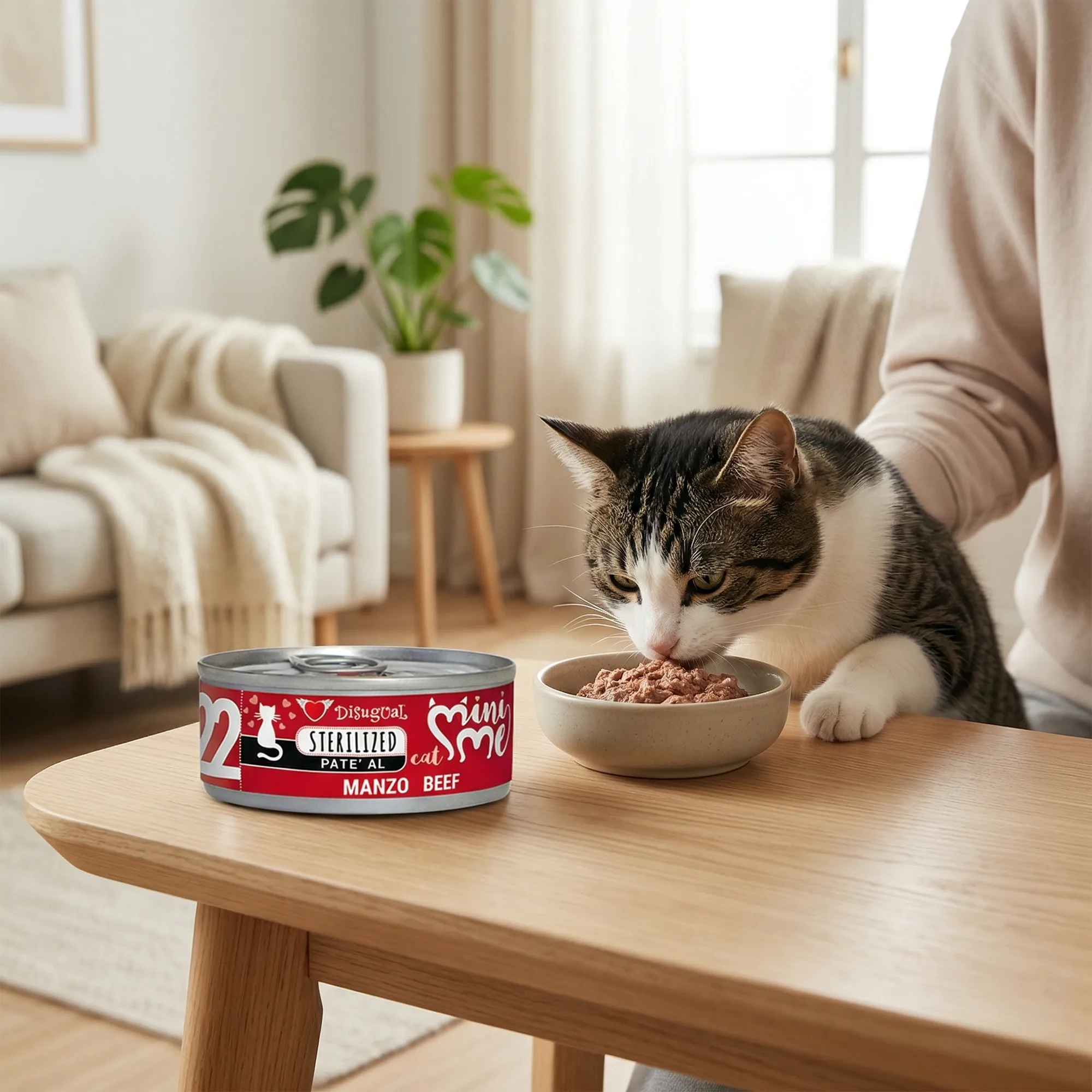 Gato adulto en el salón comiendo mousse de buey para gatos de Disugual
