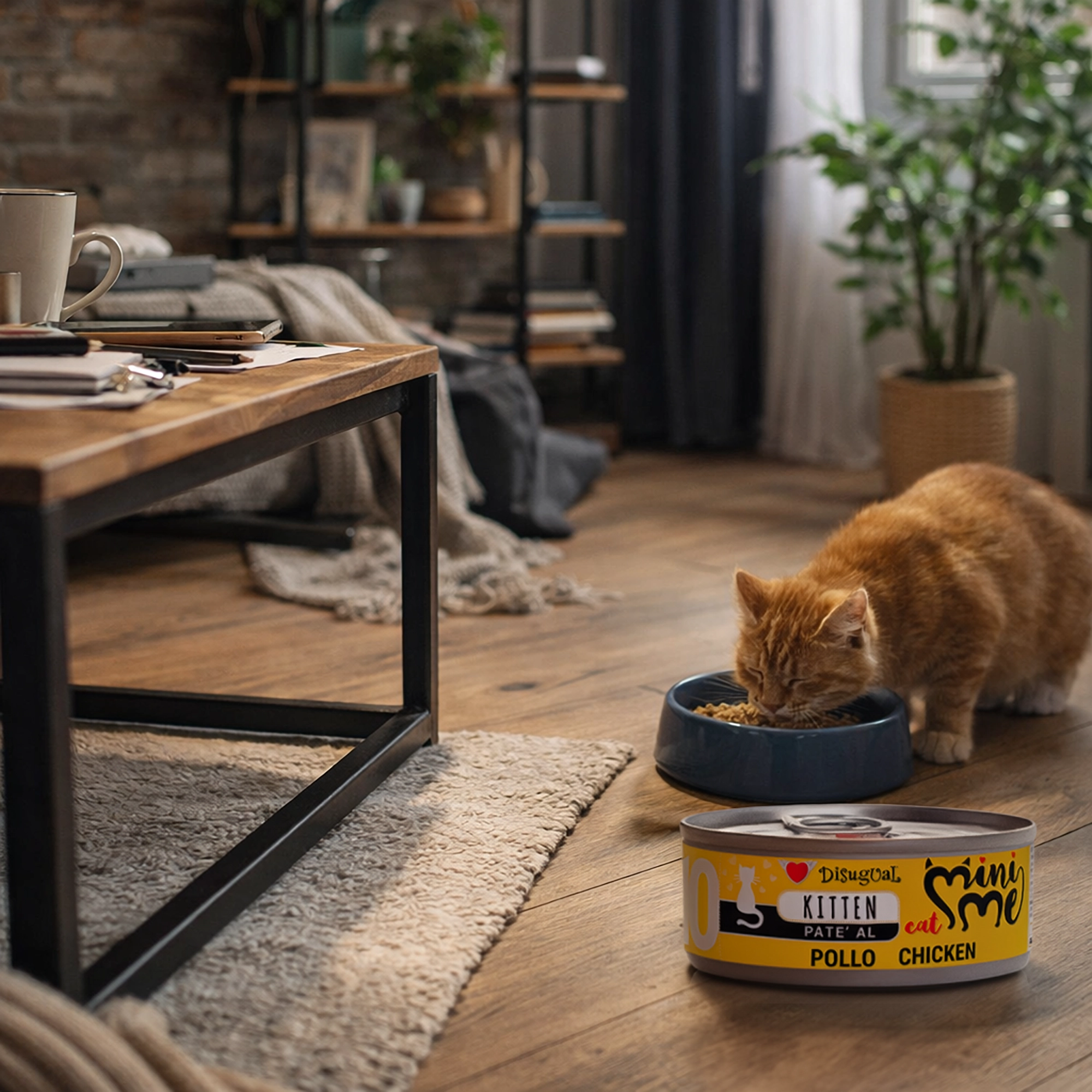 gato adulto comindo lata de pate de pollo de disigual