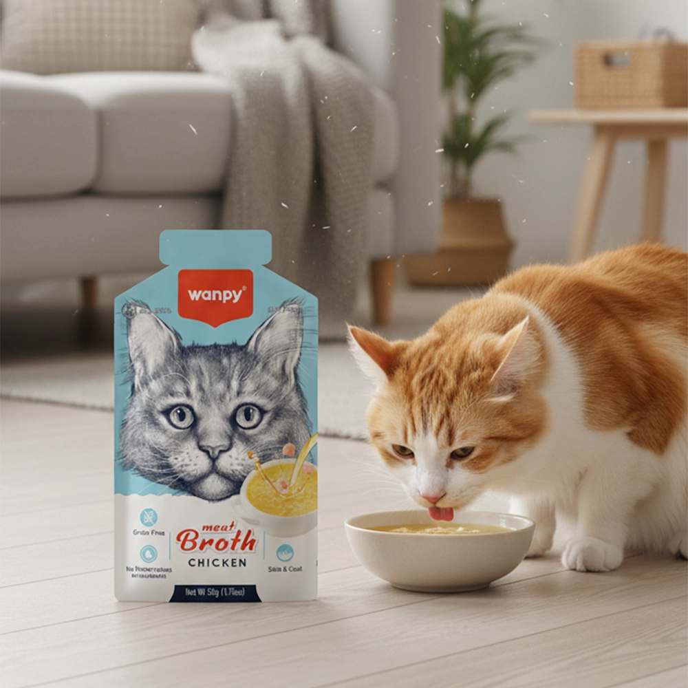 gato marron y blanco comiendo sopa de pollo wanpy