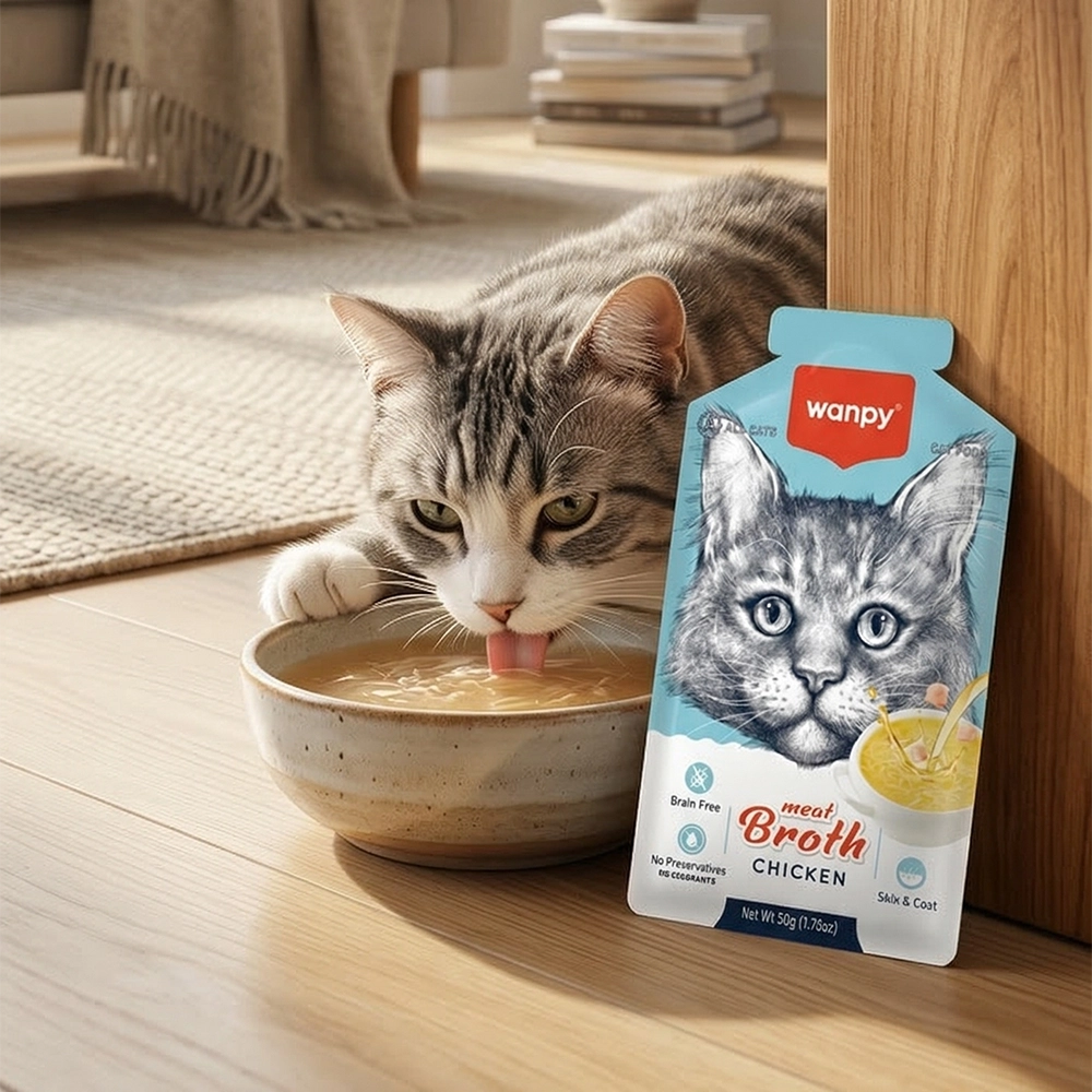 gato bebiendo sopa de pollo wanpy
