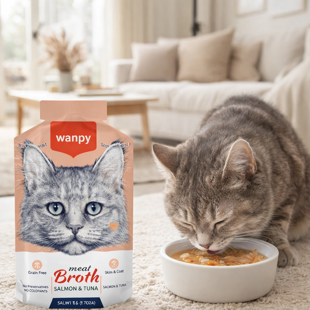 Gato sorbiendo sopa de atun y salmon de Wanpy