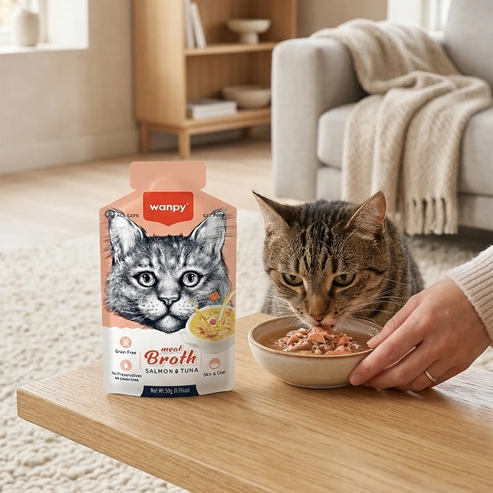 Gato comiendo sopa de atun y salmon