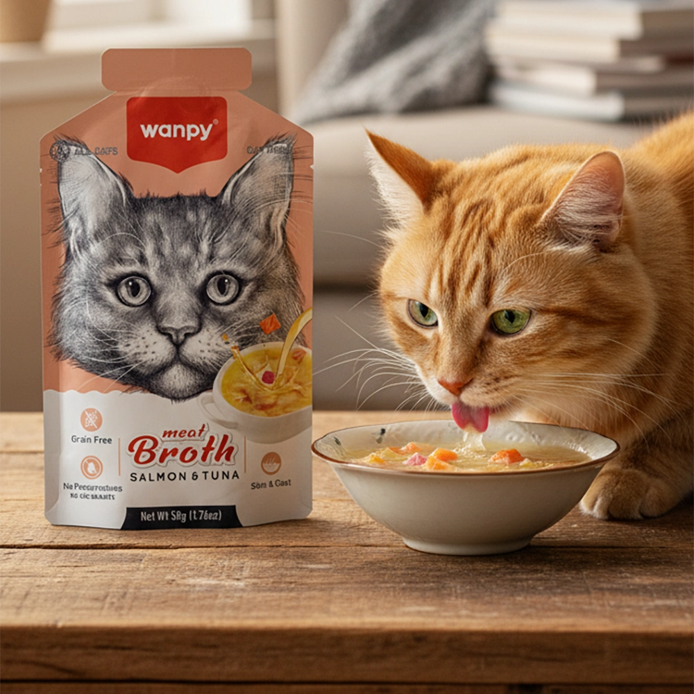 primer plano de un gato bebiendo sopa de atun y salmon de wanpy