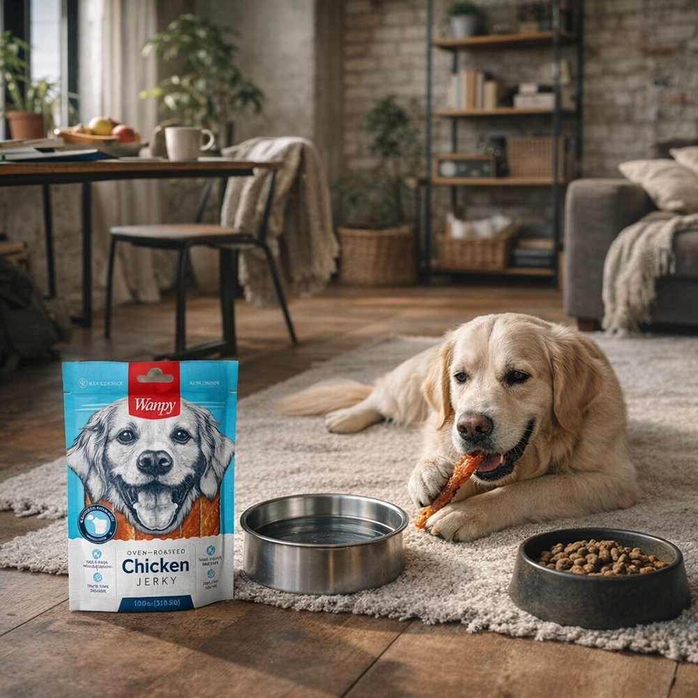 labrador mirando wanpy de 100 gramos de pollo en snack