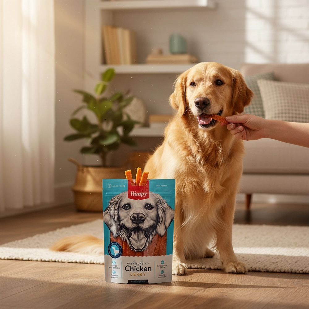 labrador mordiendo un snack de pollo de wanpy