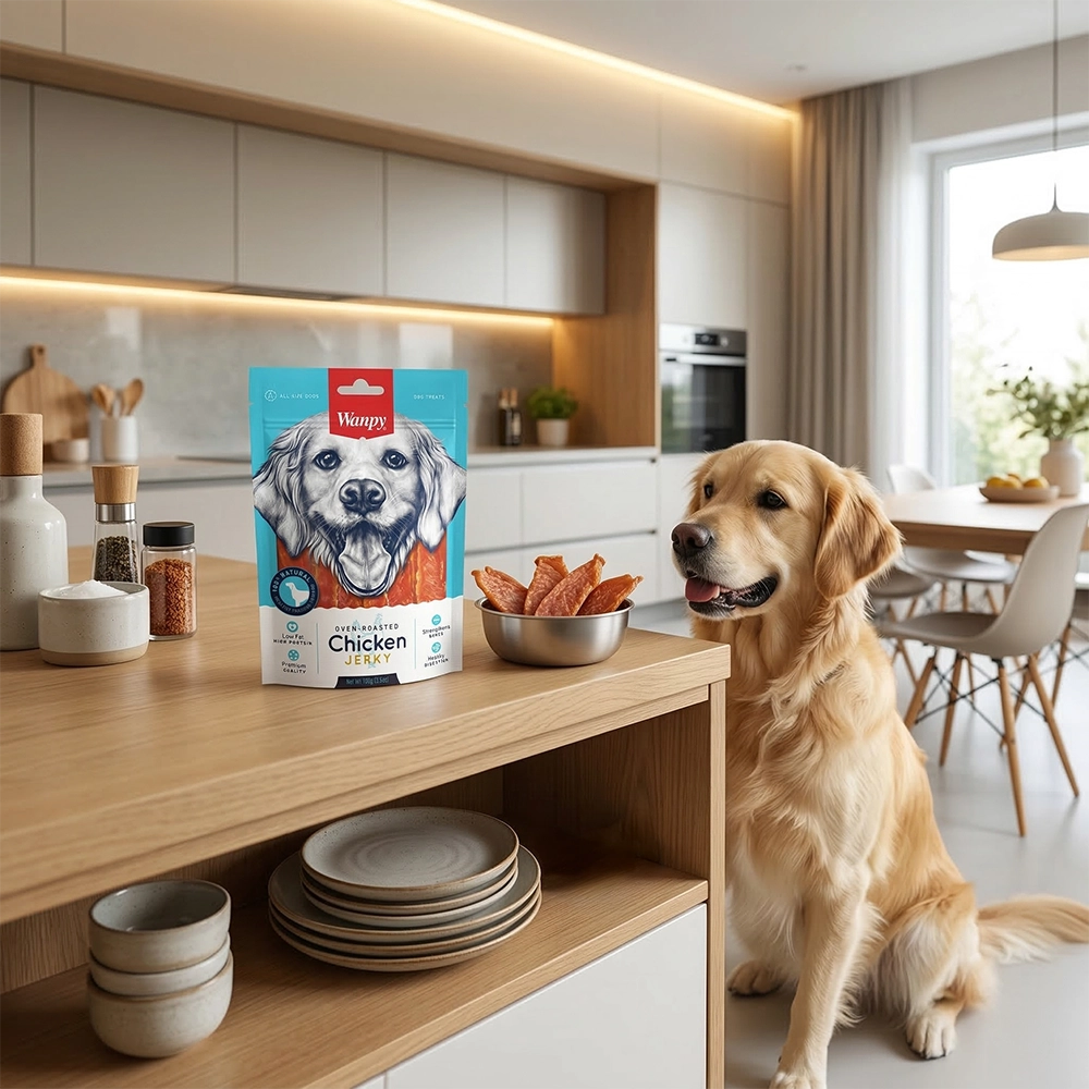Perro mirando en la cocina los wanpy de sancks de pollo