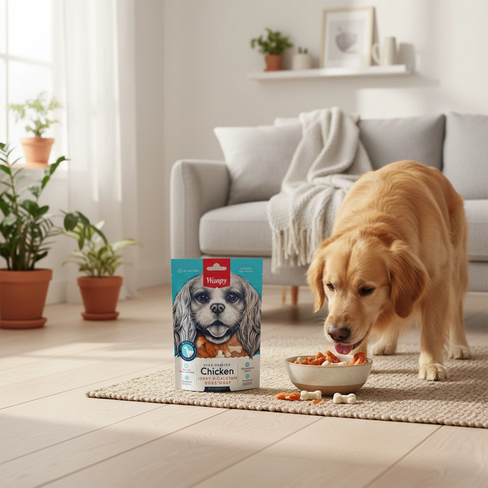 labrador comiendo snack de pollo y hueso de calcio