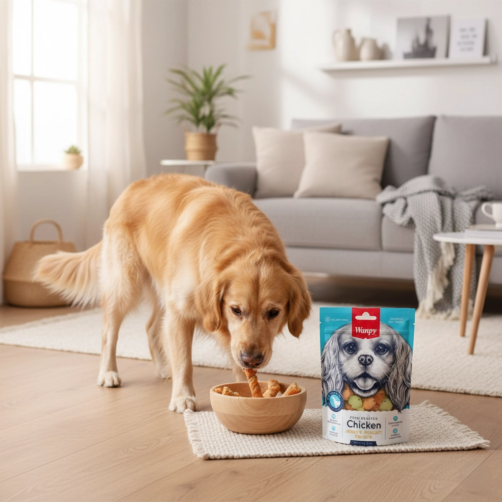 Labrador comiendo wanpy biscuits de pollo