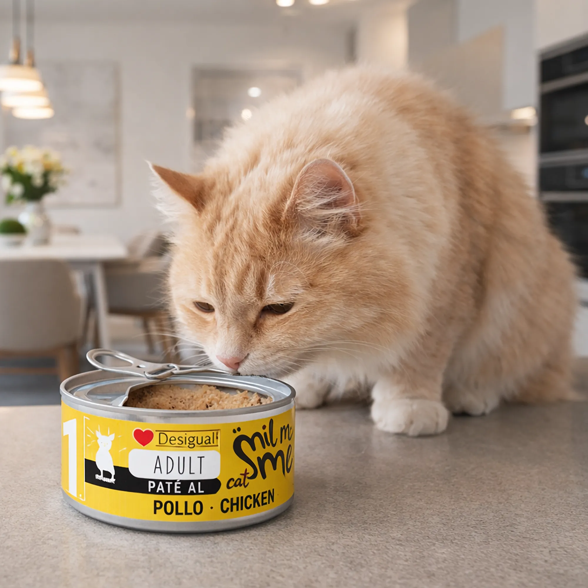 Gato adulto blanco comiendo pate de pollo de Disugual