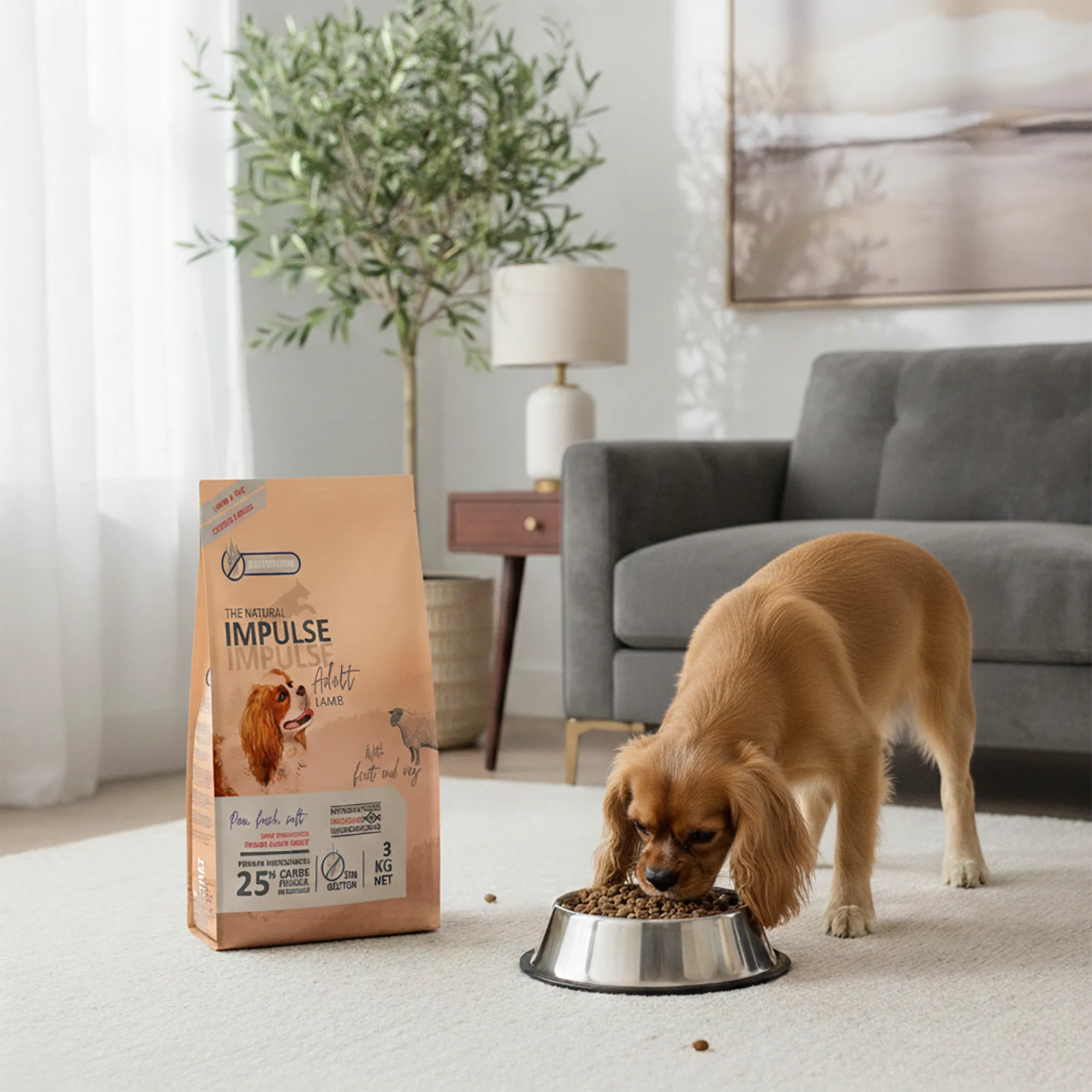 Perro adulto comiendo pienso seco de impulse cordero y arroz