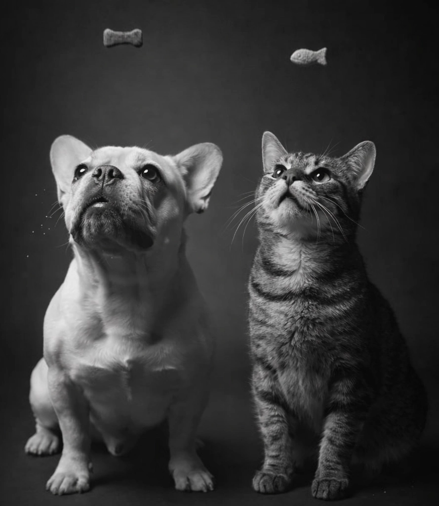 perro y gato mirando un snack, foto en blanco y negro