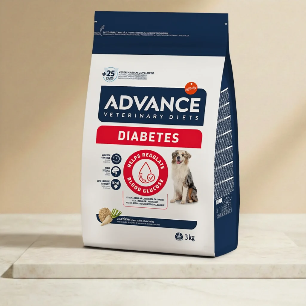 Alimento seco completo para perros adultos con problemas de regulación de glucosa, rico en fibra y proteínas para ayudar a mantener niveles estables de azúcar en sangre y conservar la masa muscular. Formato 3kg