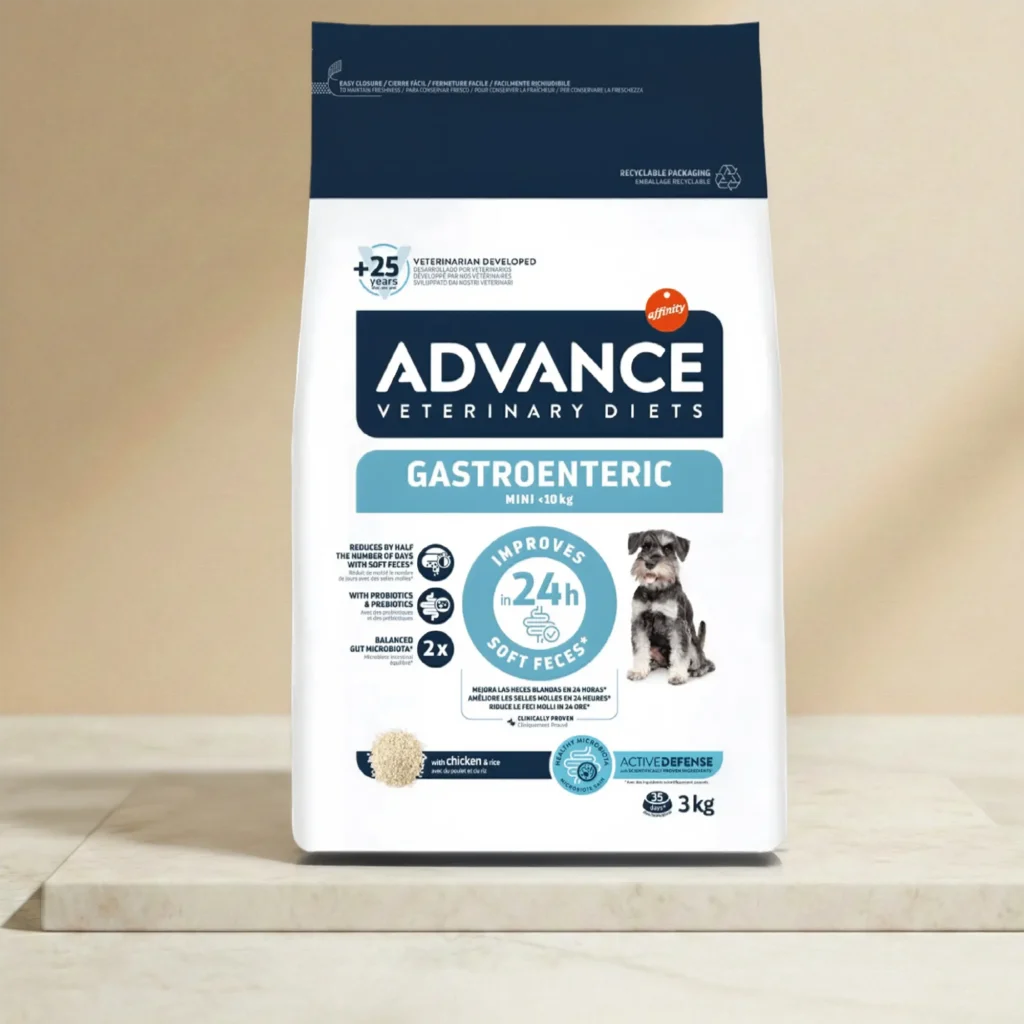 Pienso dietético para perros adultos de tamaño pequeño con sensibilidad digestiva, elaborado con ingredientes de fácil asimilación y prebióticos que ayudan a mejorar la digestión y el equilibrio intestinal.