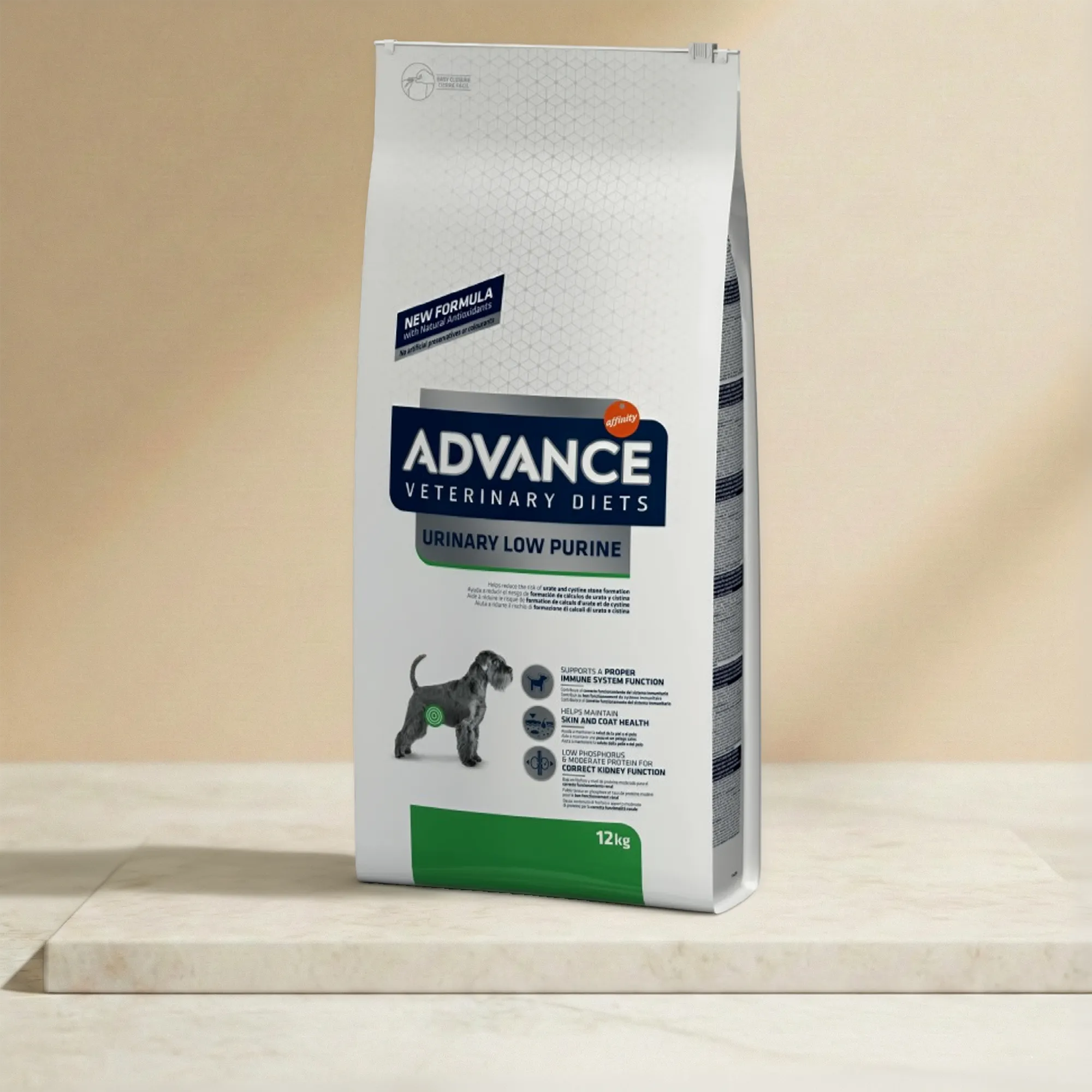 Pienso dietético para perros adultos que favorece el equilibrio del sistema urinario, ayudando a reducir la formación de cristales mediante un control mineral preciso y una alta digestibilidad, formato 12kg