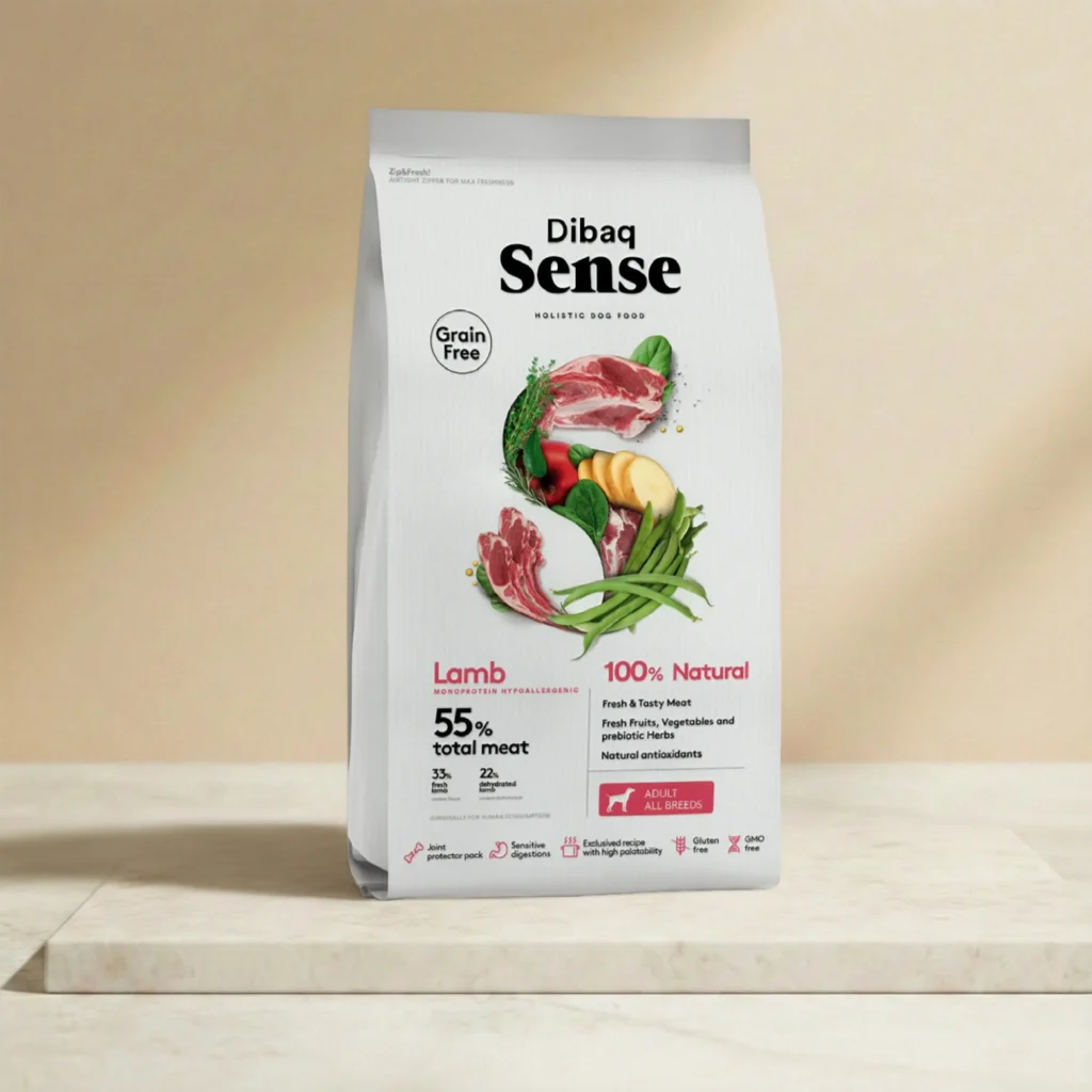 Pienso premium sin cereales para perros con carne fresca de cordero.