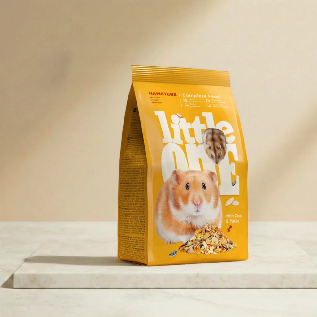 Mezcla nutritiva para hámsters con cereales, semillas y vegetales, que aporta fibra y nutrientes esenciales para favorecer la digestión y el bienestar diario.