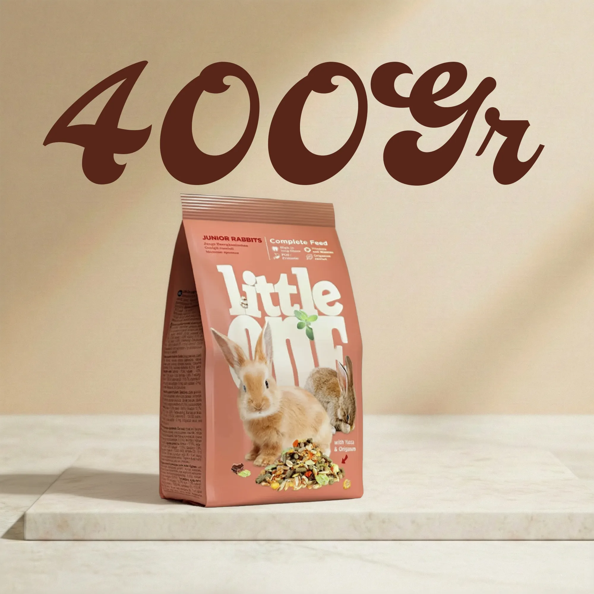 Alimento completo para conejos jóvenes en crecimiento, con mezcla de ingredientes vegetales y alto contenido en fibra que favorece la digestión y el correcto desgaste dental. Foramto 400Gr